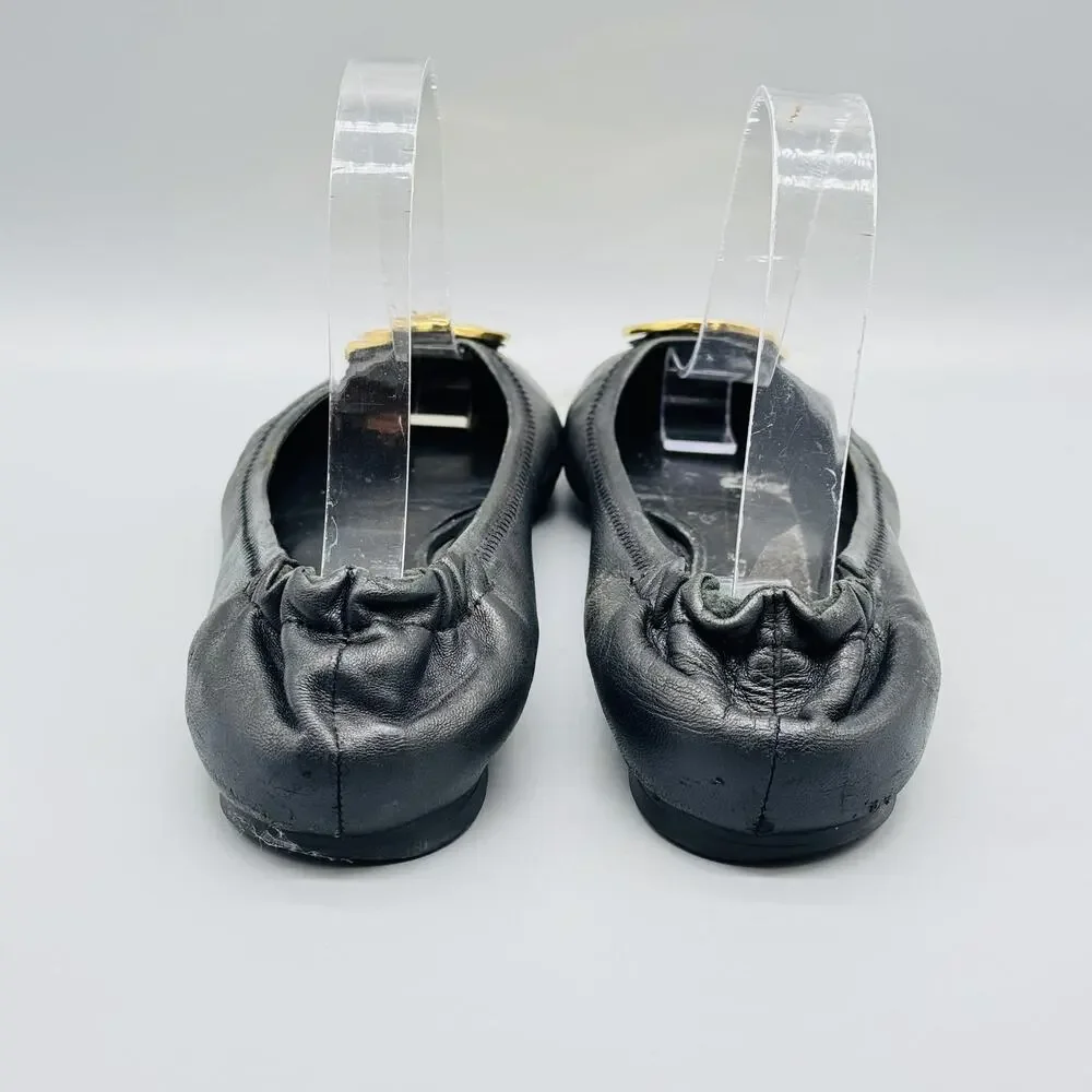 Tory Burch Shoes Women 7.5 Black Leather Ballet Flats Gold Medallion Logo Travel